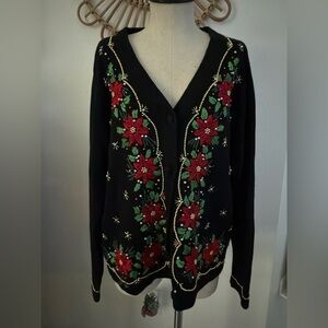 BP Designs Christmas Poinsettia Black Beaded Cardigan Sweater Size M